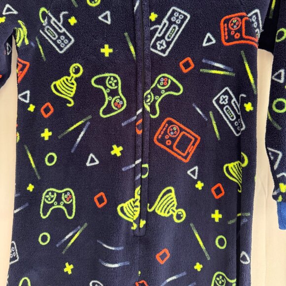 Kids Navy Blue Gaming Print One Piece fleece pajamas M 8/10 - 371 - Picture 4 of 6